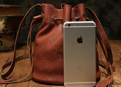 Fashion Leather Brown Bucket Shoulder Bag Barrel Purse With Tassels For Women