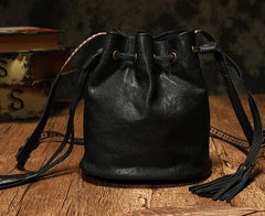 Fashion Leather Brown Bucket Shoulder Bag Barrel Purse With Tassels For Women
