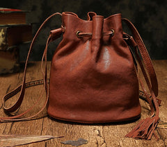 Fashion Leather Brown Bucket Shoulder Bag Barrel Purse With Tassels For Women
