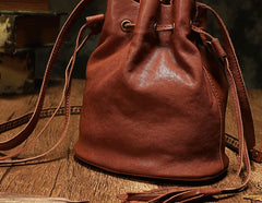 Fashion Leather Brown Bucket Shoulder Bag Barrel Purse With Tassels For Women
