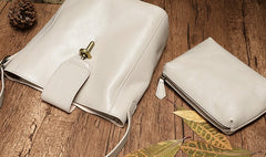 Fashion Leather Brown Gray Bucket Shoulder Bag Barrel Purse With Clutch For Women