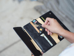 Casual Leather Men's Black Trifold Long Wallet Passport Wallet For Men