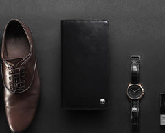 Casual Leather Men's Black Trifold Long Wallet Passport Wallet For Men