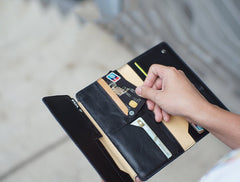 Fashion Leather Men's Trifold Long Wallet Black Gray Long Wallet For Men