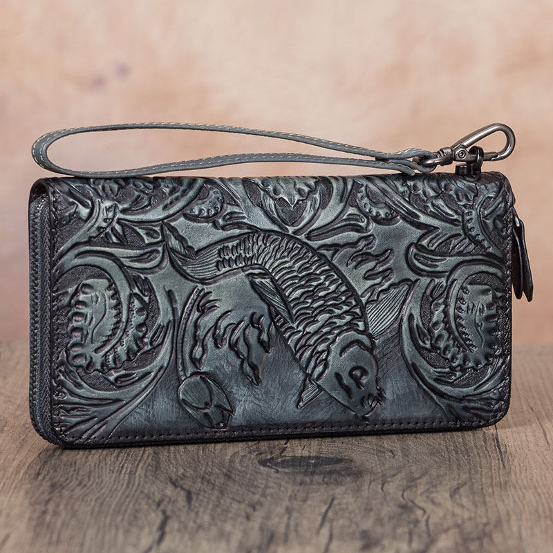 Floral Carp Brown Leather Wristlet Wallets Womens Zip Around Wallet Floral Ladies Zipper Clutch Wallets for Women