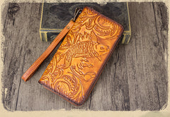 Floral Carp Brown Leather Wristlet Wallets Womens Zip Around Wallet Floral Ladies Zipper Clutch Wallets for Women