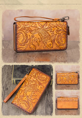 Floral Carp Tan Leather Wristlet Wallets Womens Zip Around Wallet Floral Ladies Zipper Clutch Wallets for Women