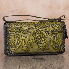 Floral Carp Tan Leather Wristlet Wallets Womens Zip Around Wallet Floral Ladies Zipper Clutch Wallets for Women