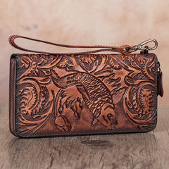 Floral Carp Brown Leather Wristlet Wallets Womens Zip Around Wallet Floral Ladies Zipper Clutch Wallets for Women