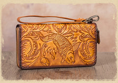 Floral Carp Tan Leather Wristlet Wallets Womens Zip Around Wallet Floral Ladies Zipper Clutch Wallets for Women