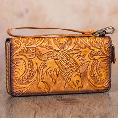 Floral Carp Brown Leather Wristlet Wallets Womens Zip Around Wallet Floral Ladies Zipper Clutch Wallets for Women