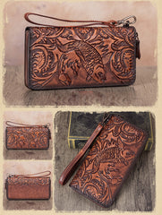 Floral Carp Tan Leather Wristlet Wallets Womens Zip Around Wallet Floral Ladies Zipper Clutch Wallets for Women