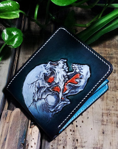 Handmade leather billfold blue skull wallet leather men Black Carved Tooled wallet