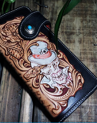 Handmade leather Biker trucker chain long floral skull wallet leather men Black Carved Tooled wallet