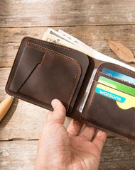 Coffee Cool Leather Mens Small Wallet Bifold Vintage Slim billfold Wallet for Men