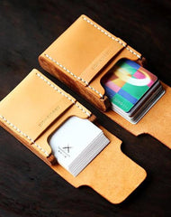 Handmade Cool Wooden Brown Leather Mens Wallet Small Card Holder Coin Wallet for Men