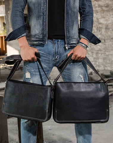 Cool Leather Black Mens Side Bag Messenger Bags Vintage Courier Bag for Men