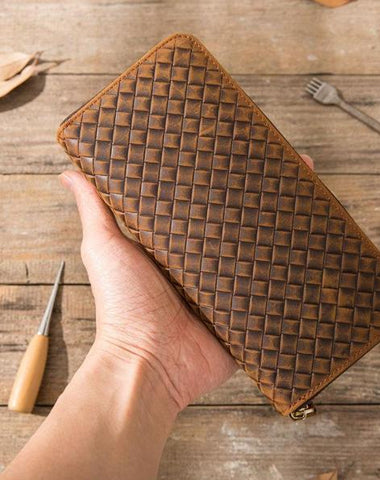 Cool Leather Mens Braided Long Zipper Clutch Wallet Long Wallet for Men