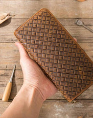 Cool Leather Mens Braided Long Zipper Clutch Wallet Long Wallet for Men
