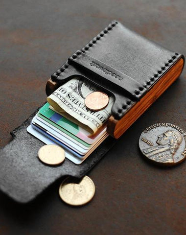Cool Wooden Leather Mens Black Wallet Small Card Holder Black Coin Wallet for Men
