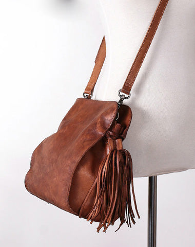 Vintage Womens Leather shoulder bag leather crossbody bag purse with tassels - EverHandmade