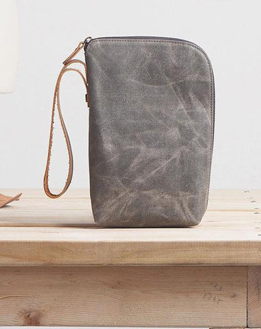 Cool Canvas Leather Mens Large Clutch Wallet Zipper Wristlet Bag Purse for Men