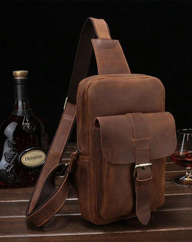 Vintage Leather Mens Sling Shoulder Bag Sling Bag Chest Bag Sling Backpack for men
