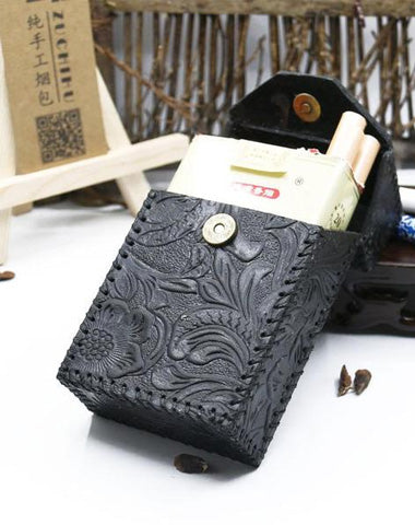 Cool Leather Mens Engraved Floral Handmade Cigarette Holder Case for Men