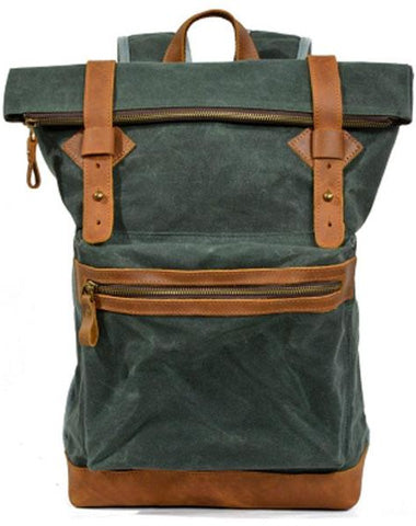 Green Waxed Canvas Leather Mens Cool Backpack Canvas Travel Backpack Canvas School Backpack for Men