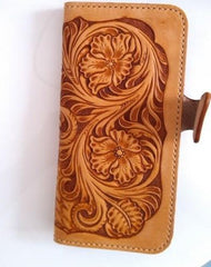 Handmade Leather Tooled Floral Mens Long Wallet Cool Long Wallet for Men