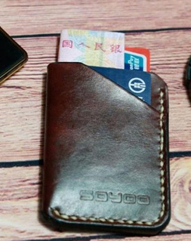 Coffee Leather Mens Slim Front Pocket Wallets Leather Card Wallet for Men