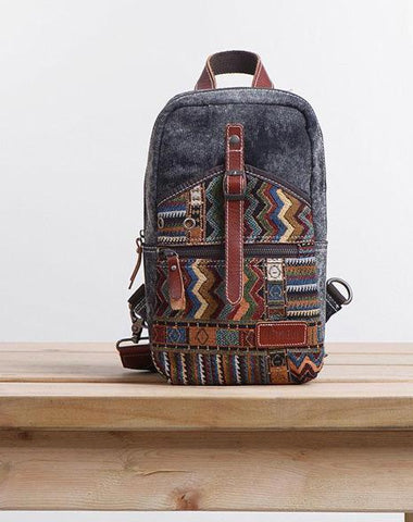 Folk Canvas Mens Sling Bag Vintage Chest Bag One Shoulder Pack for men
