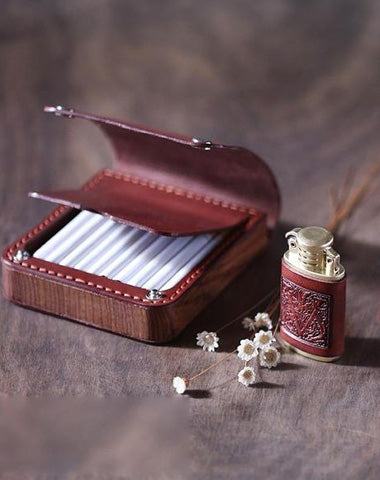 Handmade Wooden Coffee Leather Mens 20pcs Cigarette Case Cool Custom Cigarette Holder for Men