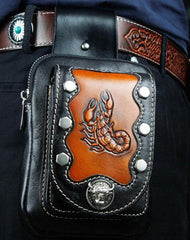Cool Leather Mens Engraved Scorpion Biker Belt Pouch Waist Bag Drop Leg Bag for Men
