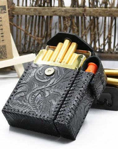 Cool Handmade Leather Mens Engraved Floral Cigarette Holder Case with Lighter holder for Men