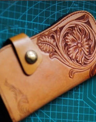 Handmade Mens Tooled Floral Leather Long Biker Wallet Cool Long Chain Wallet for Men