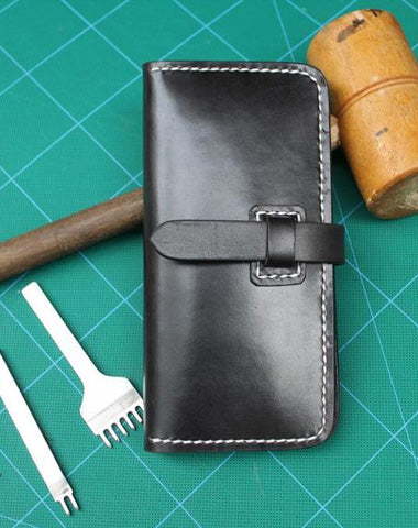 Handmade Black Leather Mens Long Wallet Cool Bifold Long Wallet for Men