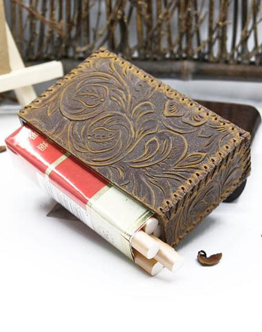 Cool Cigarette Holder Handmade Leather Mens Coffee Floral Cigarette Holder Cases for Men