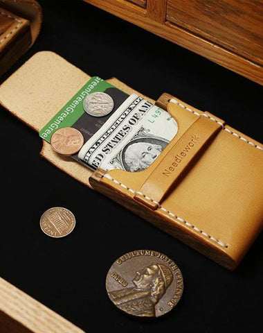 Handmade Wooden Brown Leather Mens Wallet Small Card Holder Coin Wallet for Men