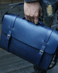 Blue Leather Mens Briefcase Messenger Bag Handbag Shoulder Bag for men