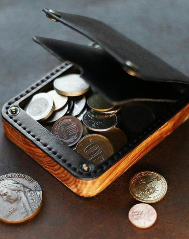 Cool Wooden Black Leather Mens Wallet Small Card Holder Coin Wallet for Men