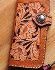 Handmade Tooled Floral Mens Leather Long Biker Wallet Cool Long Chain Wallet for Men