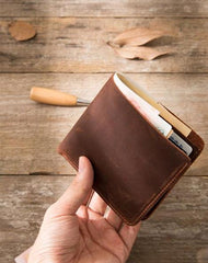 Brown Cool Leather Mens Small Wallet Bifold Vintage Slim billfold Wallet for Men