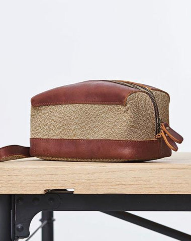 Large Canvas Leather Mens Clutch Bag Zipper Wristlet Bag Purse for Men