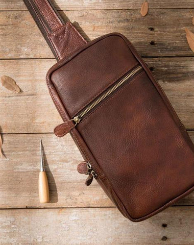 Coffee Leather Mens Sling Bag Sling Shoulder Bag Sling Chest Bag for men