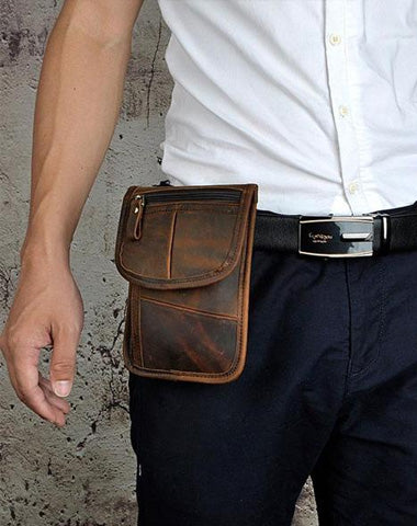Mens Leather Small Belt Pouch Slim Side Bag Waist Pouch Holster Belt Case for Men
