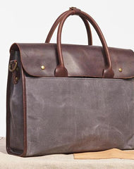 Mens Gray Canvas Leather Briefcase Handbag Work Bag Business Bag for Men