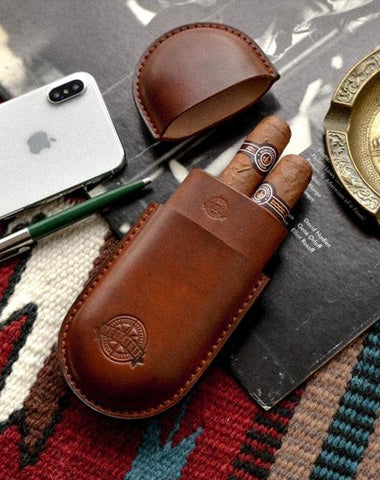 Cool Brown Leather Mens 2pcs Cigar Case Cool Custom Leather Cigar Case for Men