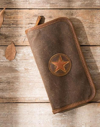 Cool Canvas Leather Mens Bifold Long Wallet Zipper Long Wallet for Men