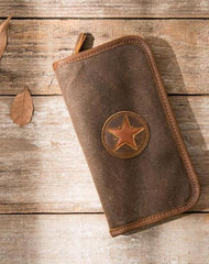 Cool Canvas Leather Mens Bifold Long Wallet Zipper Long Wallet for Men